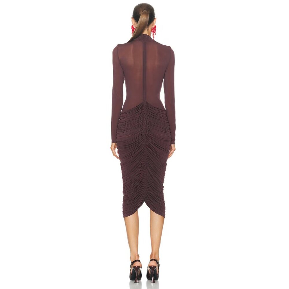 Magda Butrym Long Sleeve Sheer Midi Dress in Burgundy - Picture 3 of 3